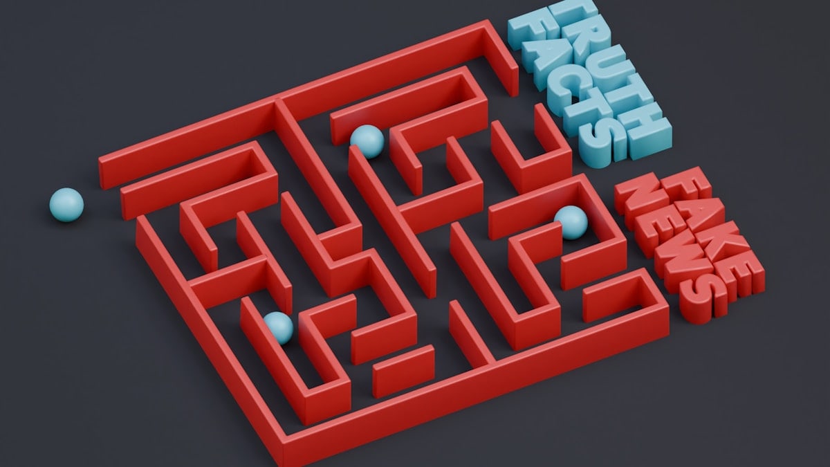 Between Way of Truth Facts and Fake News Labyrinth. 3D Render.
